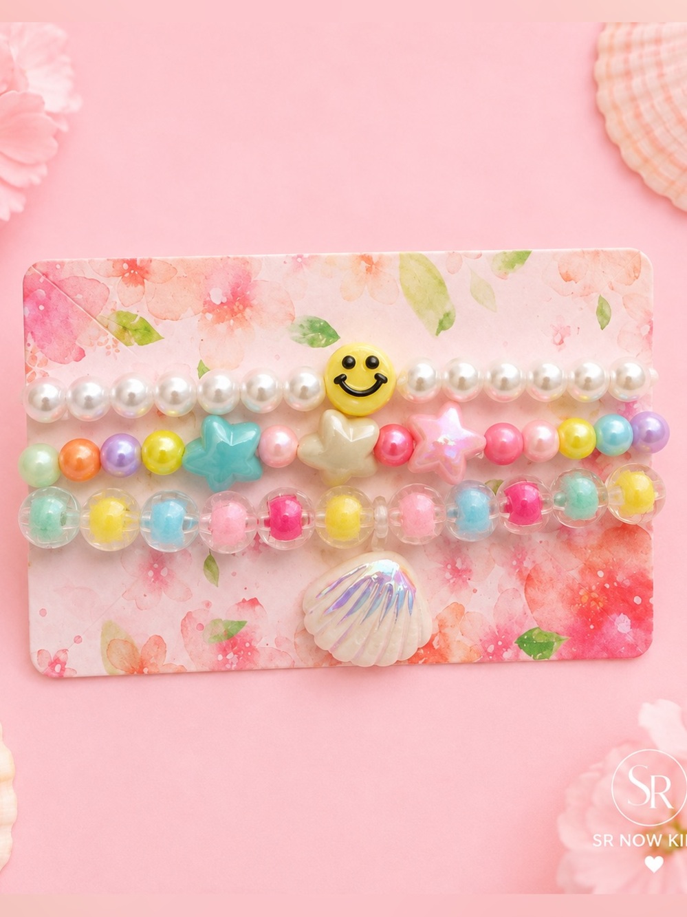 Mermaid Bracelet Set for Girls | Smiley Face & Shell Charm Stackable NEW